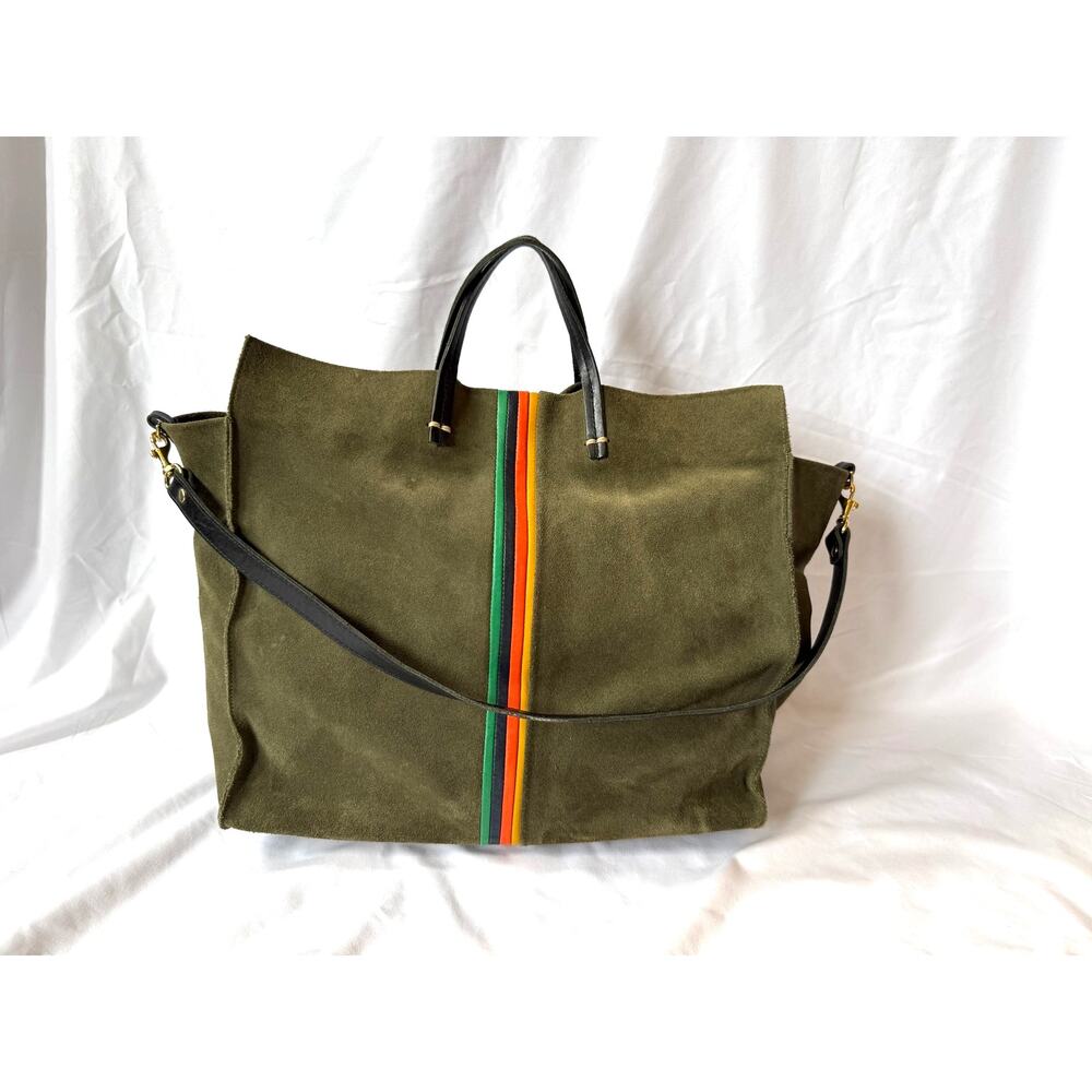 Clare V Large Simple Tote Bag Olive Army Green Suede Multicolor Center Stripe